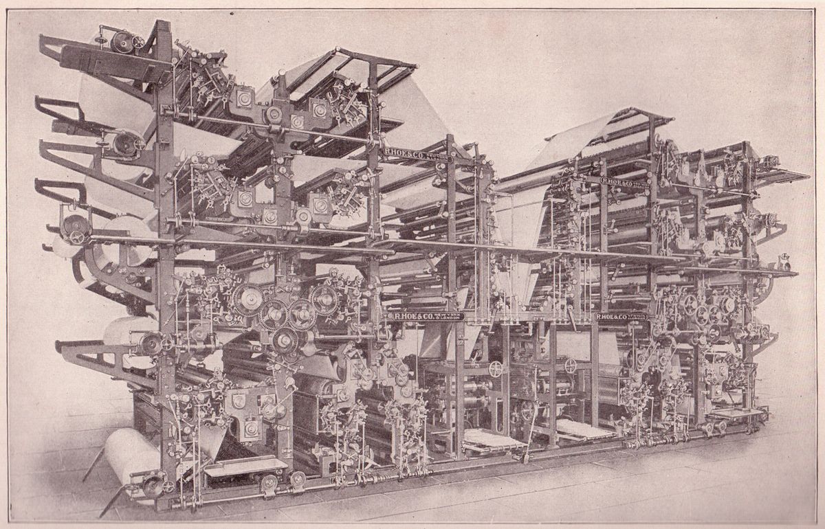 A double-octuple newspaper printing press, mid-roll
